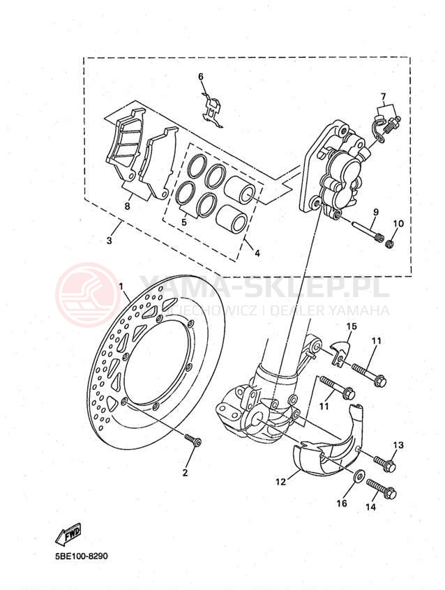 Schemat "Zacisk hamulcowy + tarcza przód" do Yamaha YZ400 YZ400FK