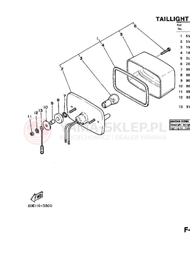 Schemat "lampa tył" do Yamaha YT125N