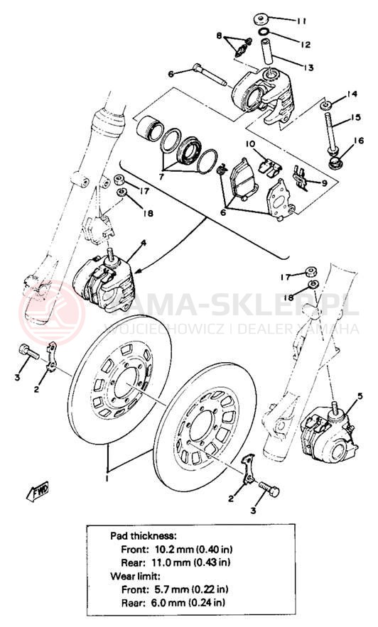 Schemat "Zacisk hamulcowy + tarcza przód" do Yamaha XS750SE
