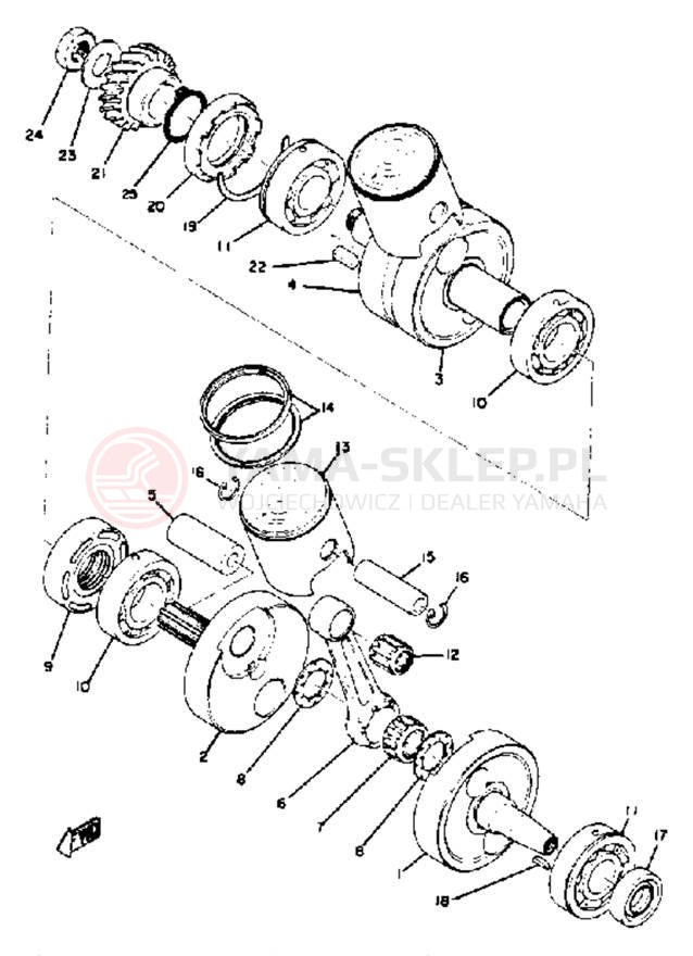 Schemat "Wał korbowy, tłok" do Yamaha RD350B