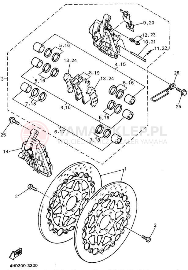 Schemat "Zacisk hamulcowy + tarcza przód" do Yamaha YZF750RF/YZF750RFC