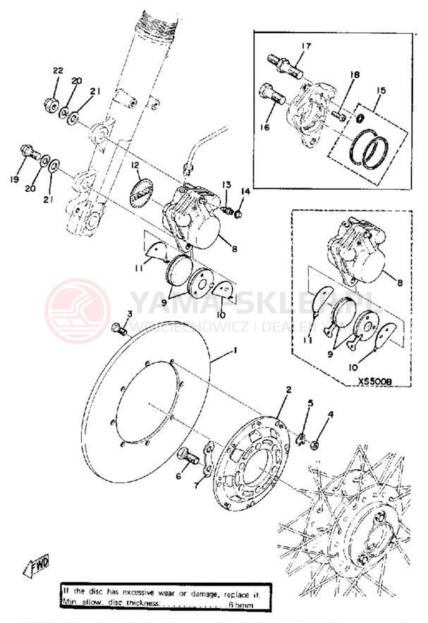 Schemat "Tarcza hamulcowa - zacisk" do Yamaha XS500B