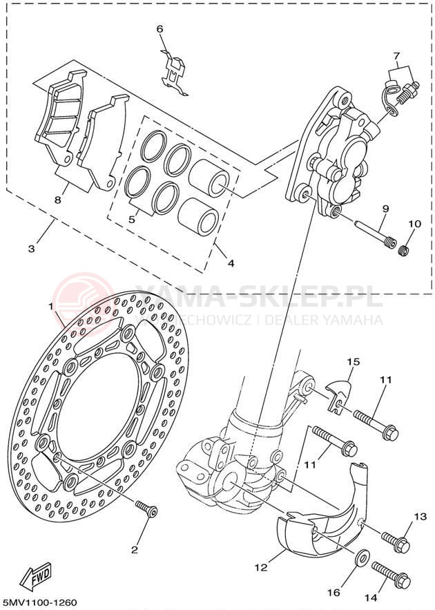 Schemat "Zacisk hamulcowy + tarcza przód" do Yamaha WR250F WR250FN