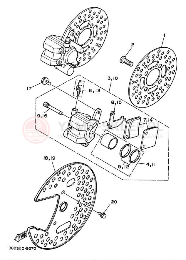 Schemat "Zacisk hamulcowy + tarcza przód" do Yamaha BANSHEE YFZ350K