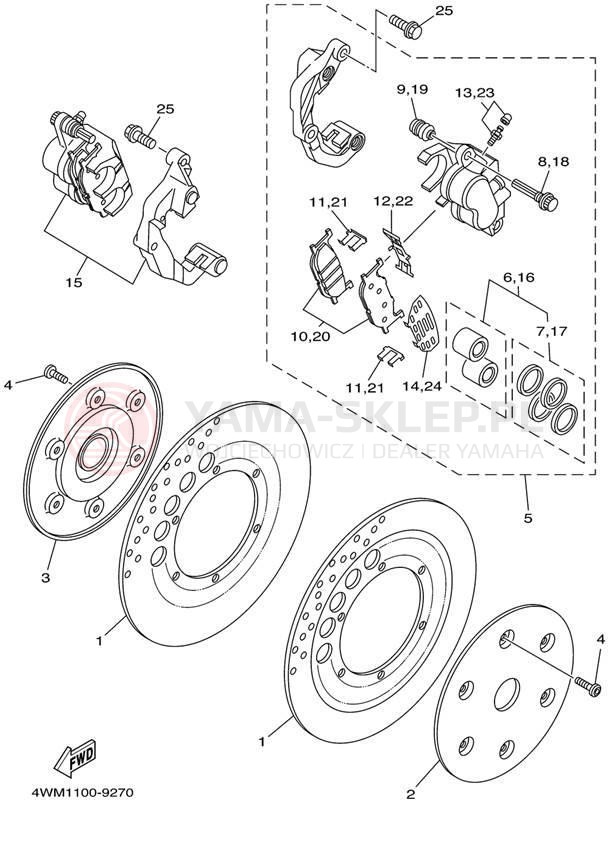 Schemat "Zacisk hamulcowy + tarcza przód" do Yamaha ROAD STAR XV1600ALC/XV1600AL