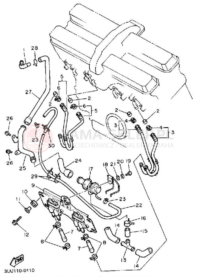 Schemat "Przewody układu chłodzenia" do Yamaha FZR600RAC