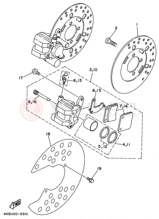 Schemat "Zacisk hamulcowy + tarcza przód" do Yamaha WOLVERINE 4WD YFM350FXH_