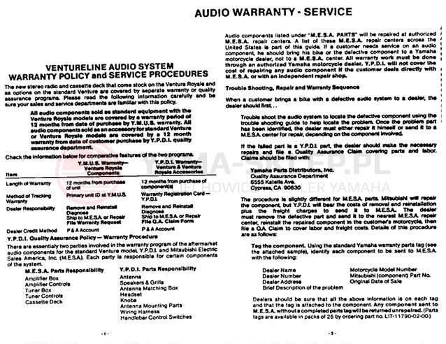 Schemat "Informacja na temat gwarancji" do Yamaha XVZ12DN