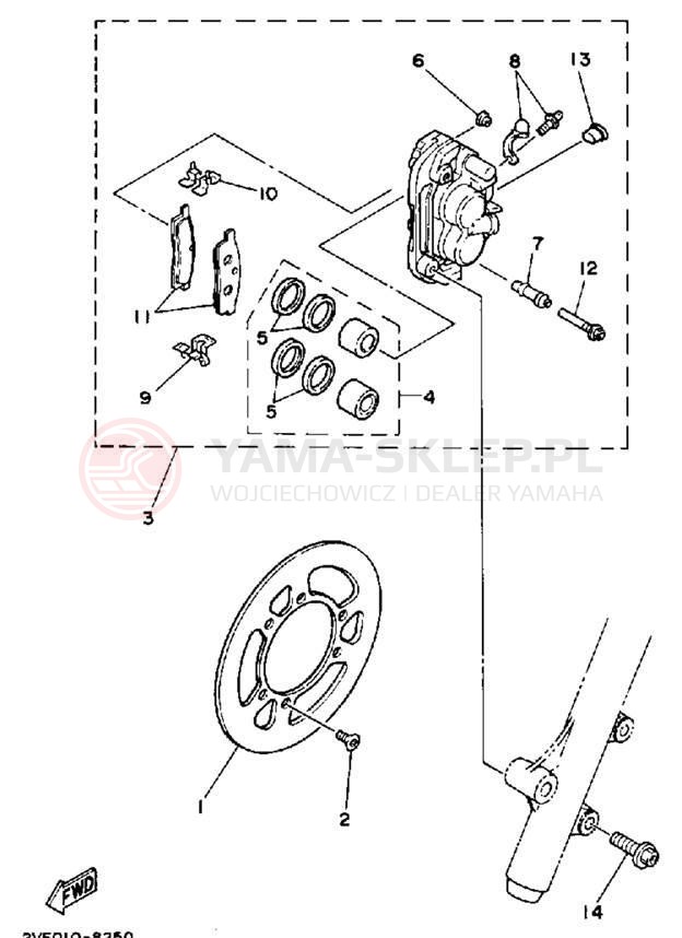 Schemat "Zacisk hamulcowy + tarcza przód" do Yamaha YZ80A