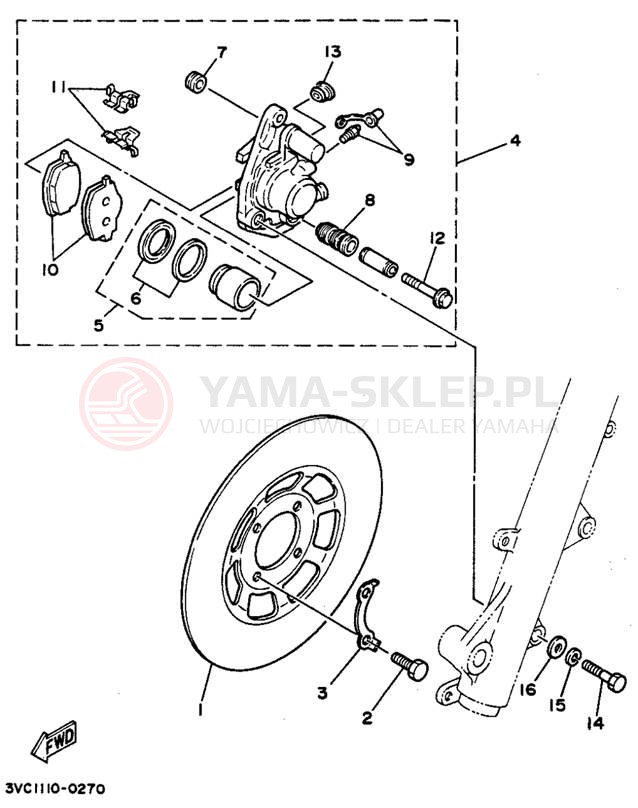 Schemat "Zacisk hamulcowy + tarcza przód" do Yamaha RT180B
