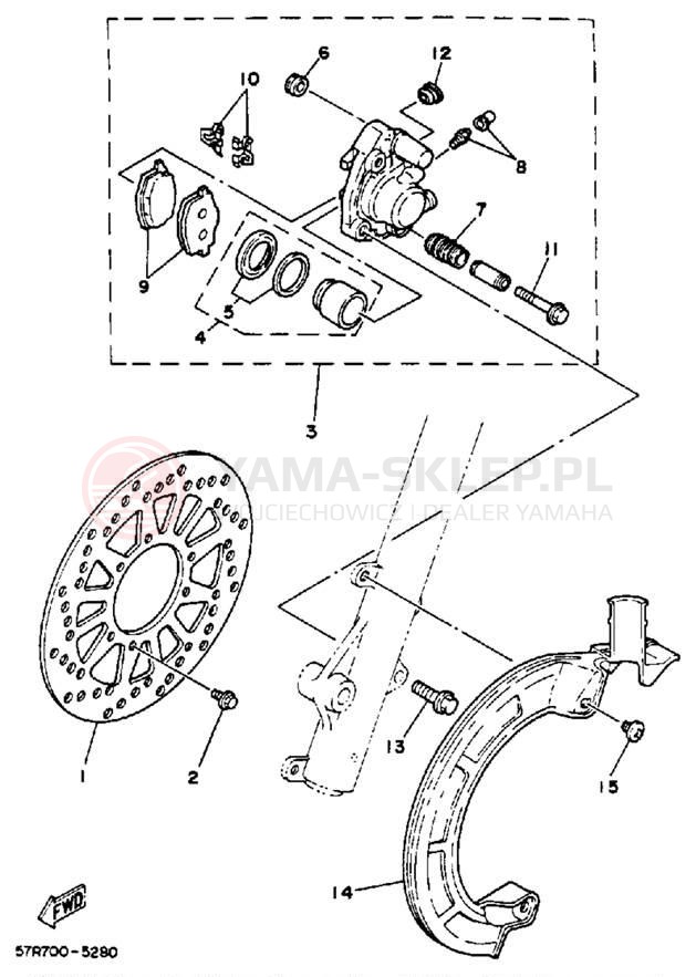 Schemat "Zacisk hamulcowy + tarcza przód" do Yamaha XT350A/XT350AC