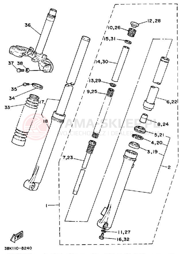 Schemat "Amortyzatory przód" do Yamaha DT50LC/DT50A