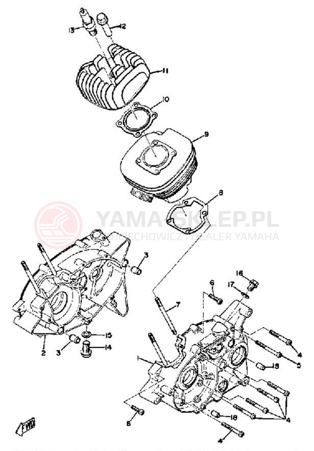 Schemat "cylinder, obudowa silnika" do Yamaha TY80B