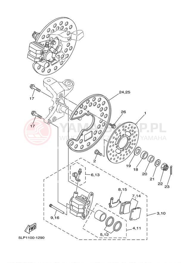 Schemat "Zacisk hamulcowy + tarcza przód" do Yamaha 660R RAPTOR YFM660RN/YFM660RNC