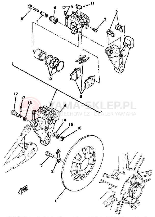 Schemat "Tarcza hamulcowa tył - zacisk hamulc." do Yamaha XS400F