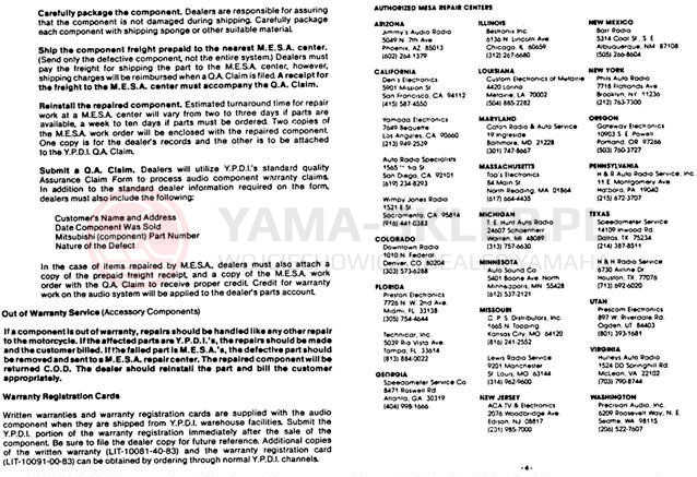 Schemat "Serwis gwarancyjny audio" do Yamaha XVZ12TDK