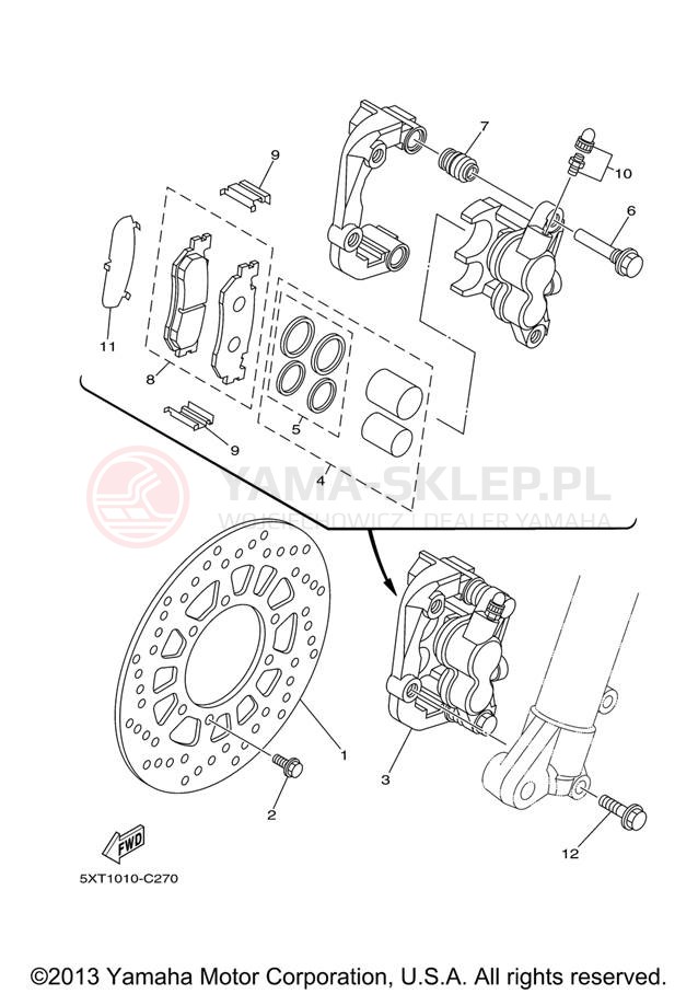 Schemat "Zacisk hamulcowy + tarcza przód" do Yamaha XT250 XT250X/XT250XC
