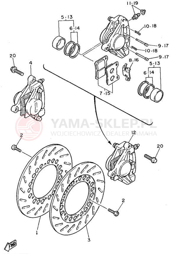 Schemat "Zacisk hamulcowy + tarcza przód" do Yamaha VIRAGO 750 XV750F/XV750FC