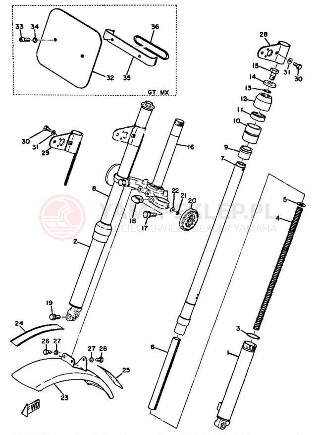 Schemat "Amortyzatory przód, błotnik" do Yamaha GT80A/GTMXA