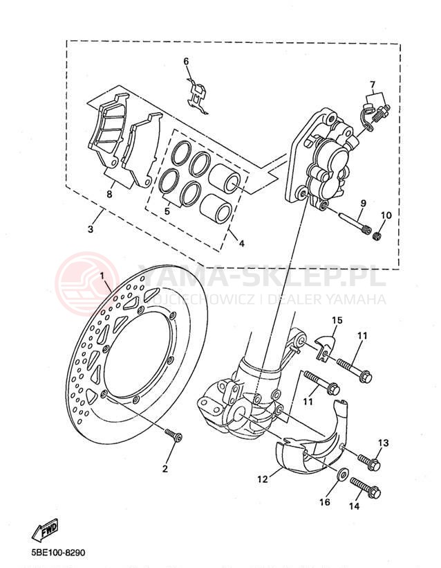 Schemat "Zacisk hamulcowy + tarcza przód" do Yamaha WR400F WR400FK
