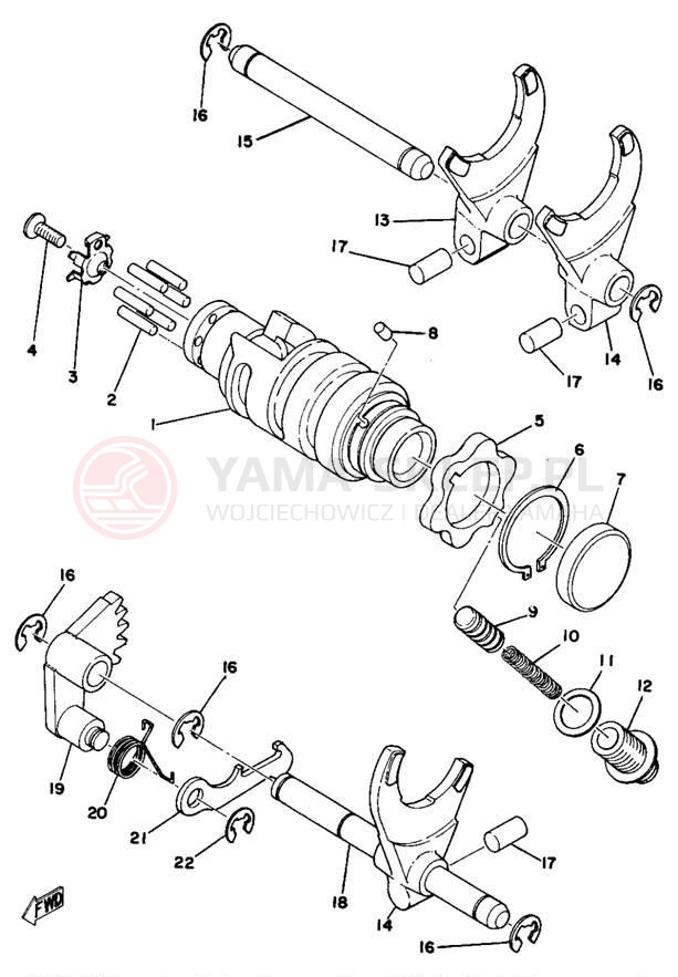 Schemat "Dźwignia zmiany biegów, wałek" do Yamaha MX250B