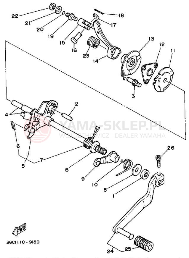 Schemat "Dźwignia zmiany biegów, wałek" do Yamaha MOTO-4 YFM250B