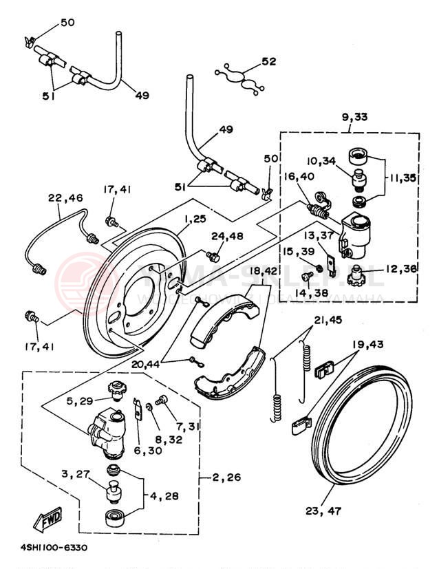 Schemat "Układ hamulcowy przód" do Yamaha KODIAK 4WD YFM400FWK