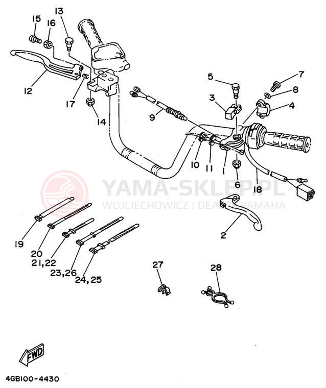 Schemat "Kierownica i osprzęt" do Yamaha KODIAK 4WD YFM400FWF_