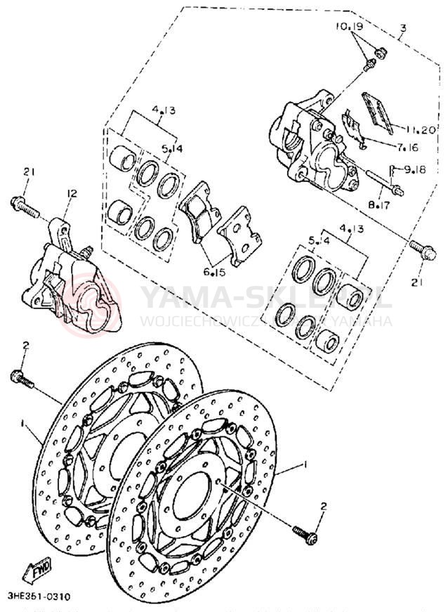 Schemat "Zacisk hamulcowy + tarcza przód" do Yamaha FZR600RA