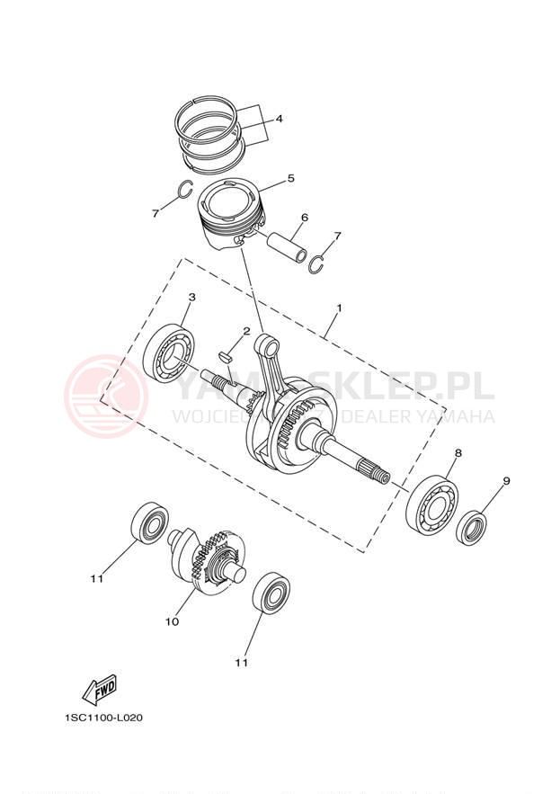 Schemat "Wał korbowy, tłok" do Yamaha GRIZZLY 300 YFM30GBL/YFM30GBGR
