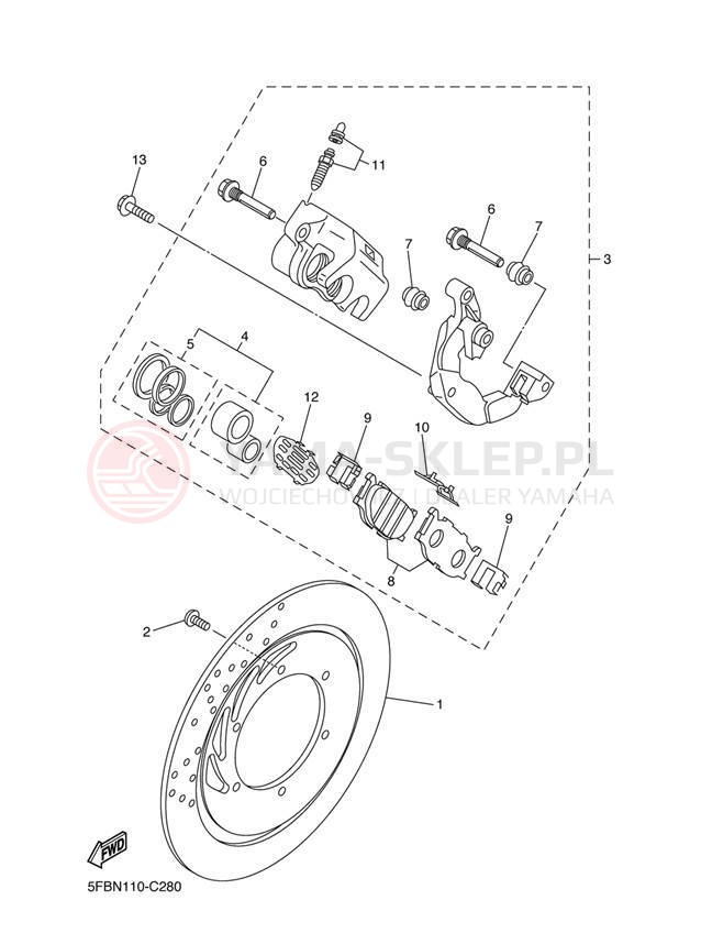Schemat "Zacisk hamulcowy + tarcza przód" do Yamaha V STAR CUSTOM XVS65S/XVS65SC