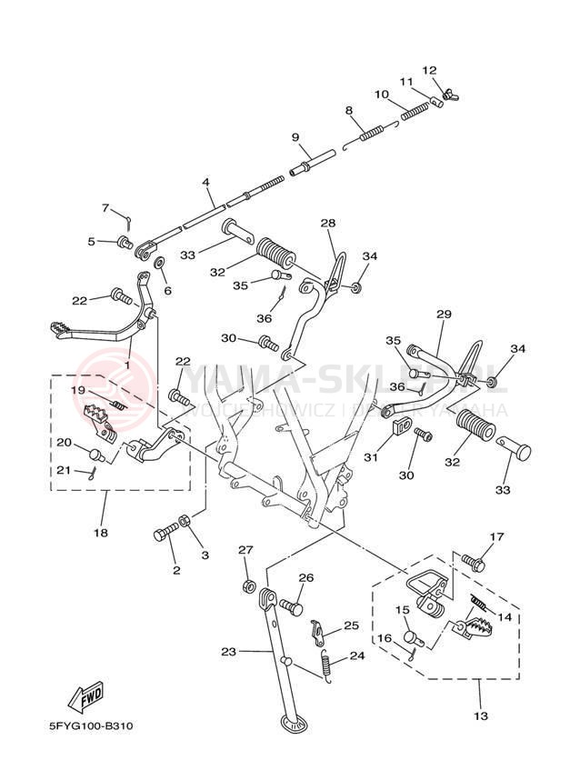 Schemat "Stopka postojowa i podnóżki" do Yamaha TW200 TW200S/TW200SC