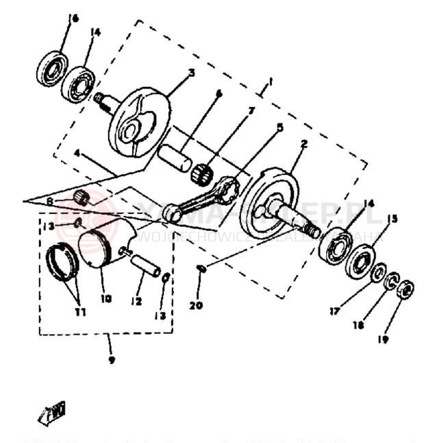 Schemat "Wał korbowy, tłok" do Yamaha PW50J