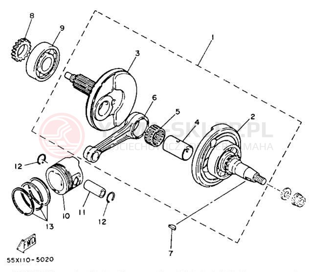 Schemat "Wał korbowy, tłok" do Yamaha CHAMP YFM100U