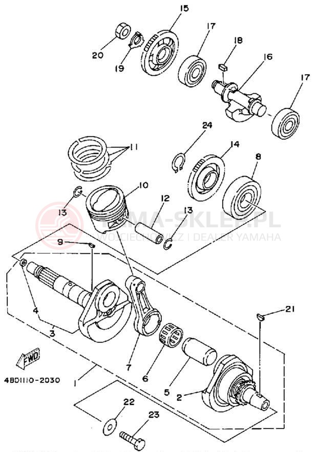 Schemat "Wał korbowy, tłok" do Yamaha YFB250D_MN