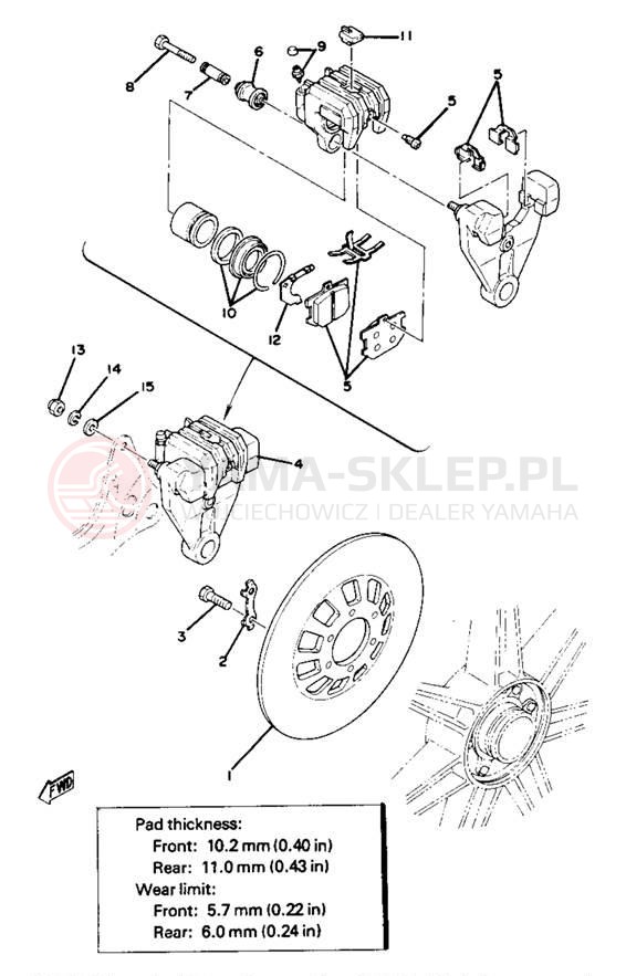 Schemat "Tarcza hamulcowa tył - zacisk hamulc." do Yamaha XS750SE