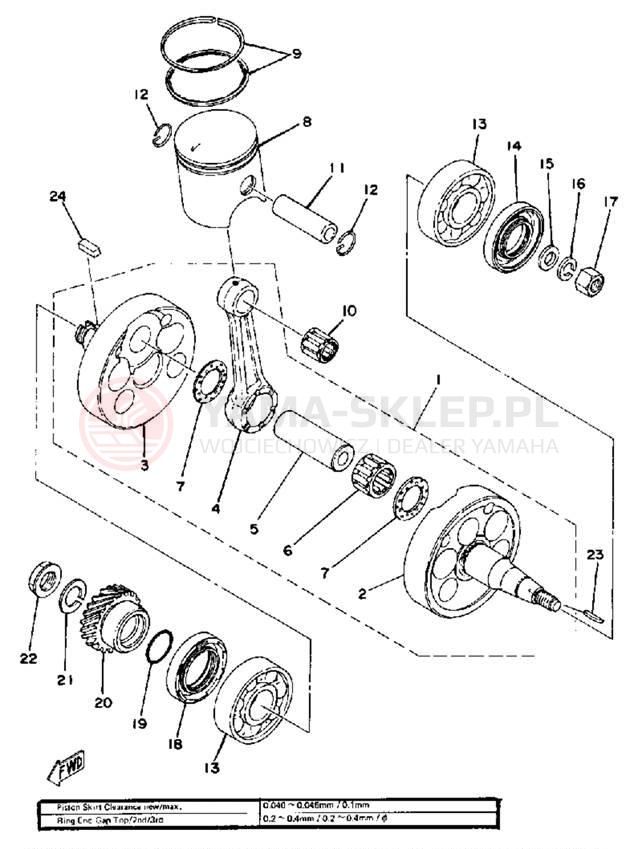 Schemat "Wał korbowy, tłok" do Yamaha DT250F
