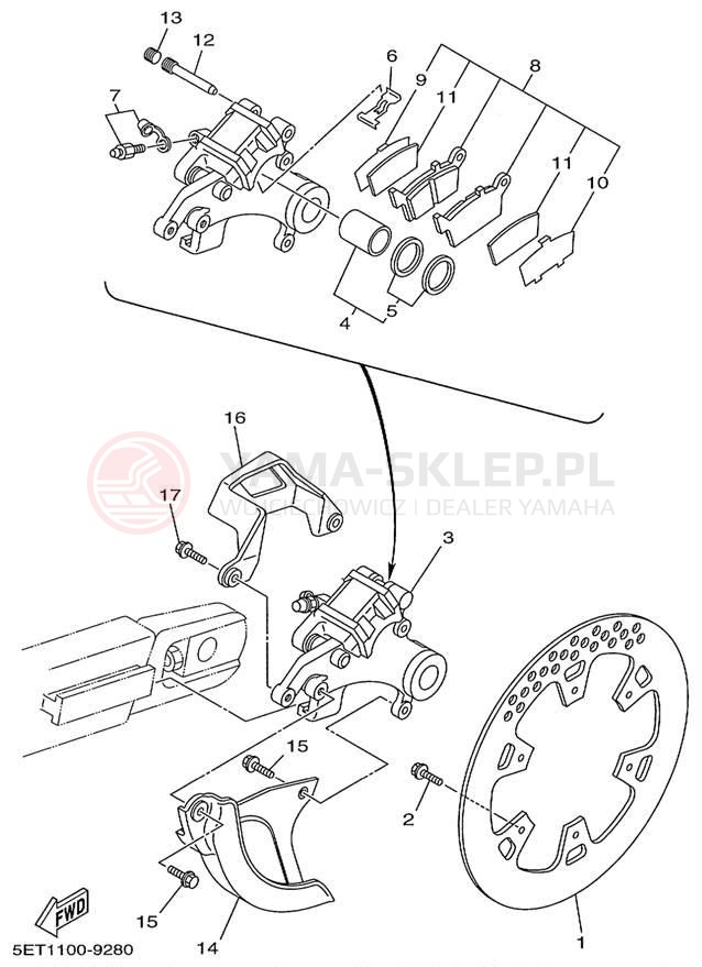 Schemat "Zacisk hamulcowy tylny" do Yamaha YZ125 YZ125L1