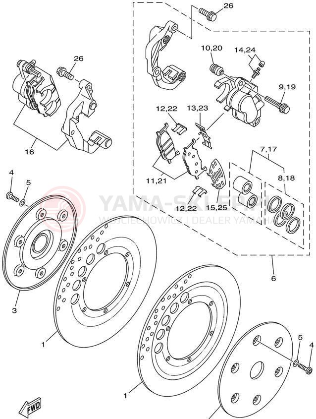 Schemat "Zacisk hamulcowy + tarcza przód" do Yamaha ROAD STAR XV1600AP/XV1600APC