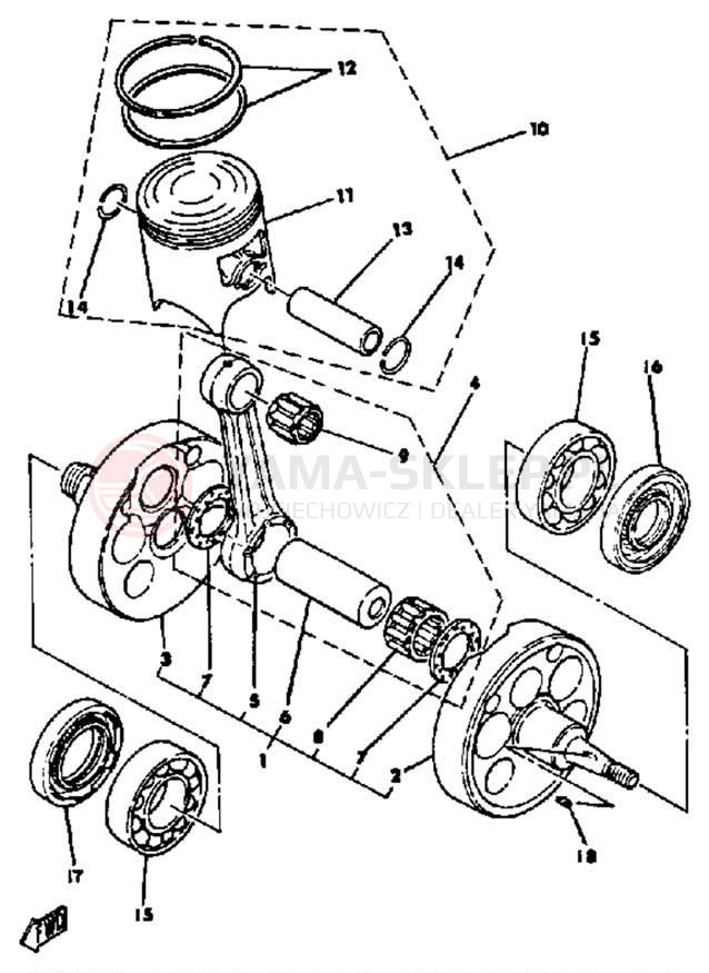Schemat "Wał korbowy, tłok" do Yamaha IT250K