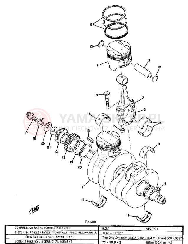 Schemat "Wał korbowy, tłok" do Yamaha TX500