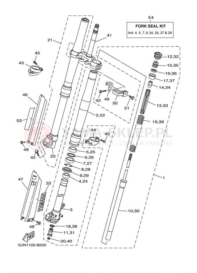 Schemat "Amortyzatory przód" do Yamaha YZ125 YZ125R