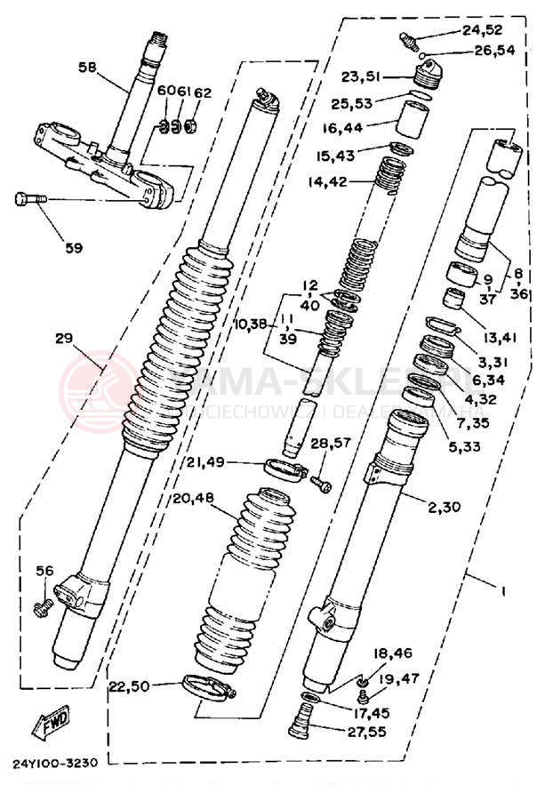 Schemat "Amortyzatory przód" do Yamaha YZ250K