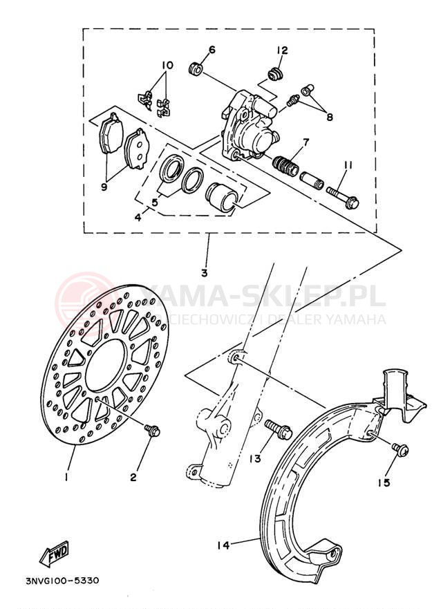 Schemat "Zacisk hamulcowy + tarcza przód" do Yamaha XT350J/XT350JC