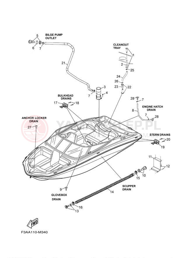 Schemat "DECK DRAIN FITTINGS" do Yamaha SX190 LATE RX1800CMB/RX1800DMB