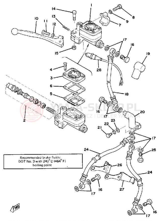 Schemat "Pompa hamulcowa przednia, przewód" do Yamaha XS750-2D/XS750D