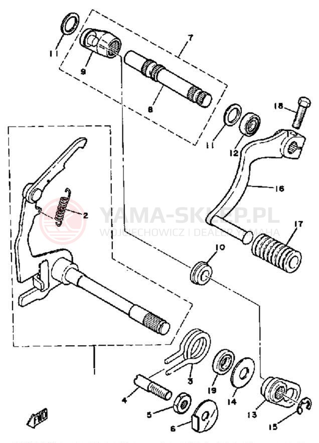 Schemat "Dźwignia zmiany biegów, wałek" do Yamaha DT100H