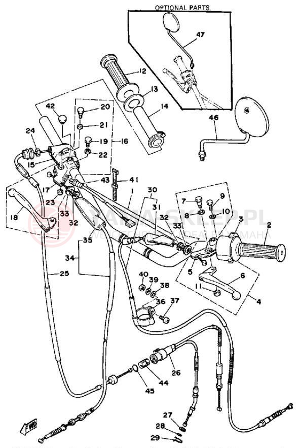 Schemat "Kierownica i osprzęt" do Yamaha DT175F
