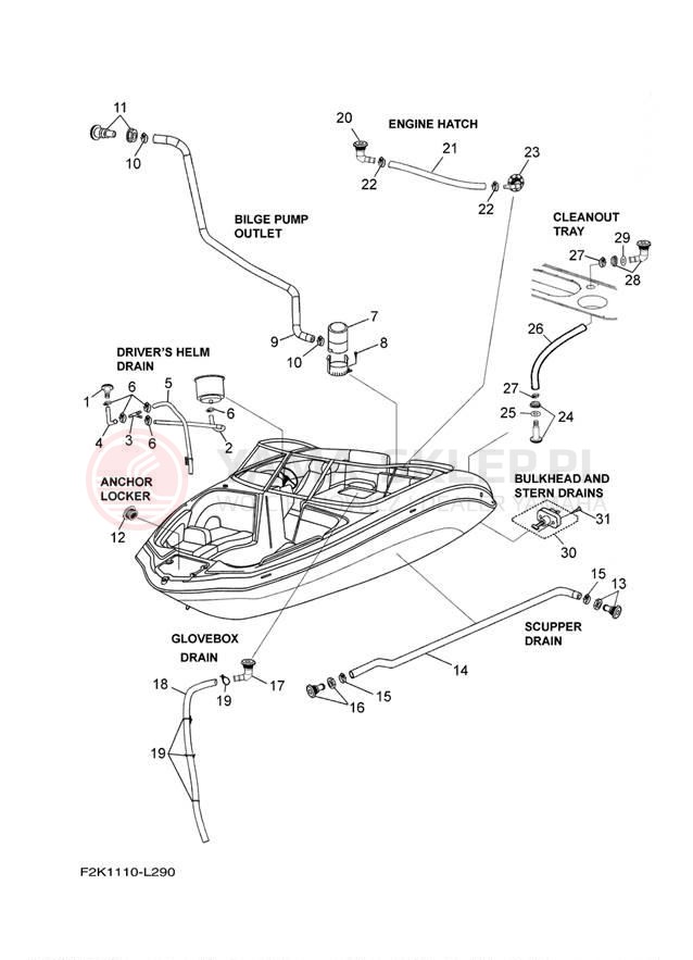 Schemat "DECK DRAIN FITTINGS" do Yamaha AR210 LAT1100AM