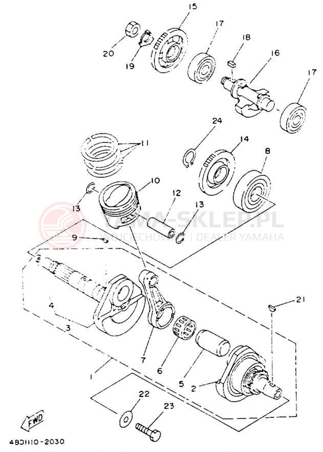 Schemat "Wał korbowy, tłok" do Yamaha TIMBERWOLF 2WD YFB250E